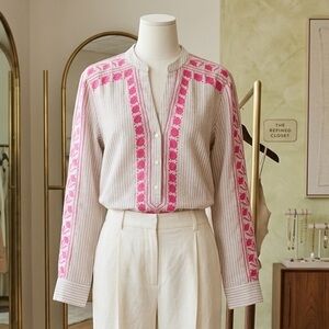 J. Crew Pink and Cream Embroidered Blouse
